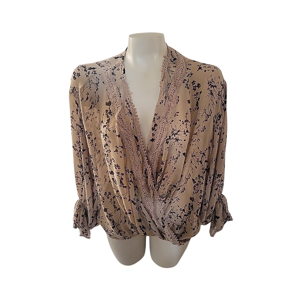 AAKAA Floral Print Wrap Blouse Top Long Sleeve Ruffle Cuff Sheer S boho hippie